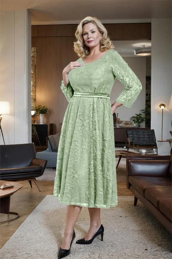 Long Sleeves Lace A Line Mother of the Bride Dress with Bow Tie