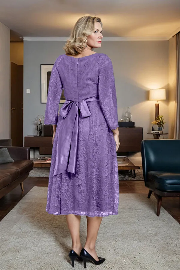 Long Sleeves Lace A Line Mother of the Bride Dress with Bow Tie