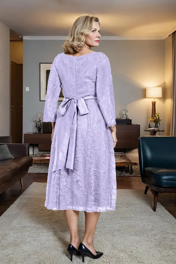 Long Sleeves Lace A Line Mother of the Bride Dress with Bow Tie