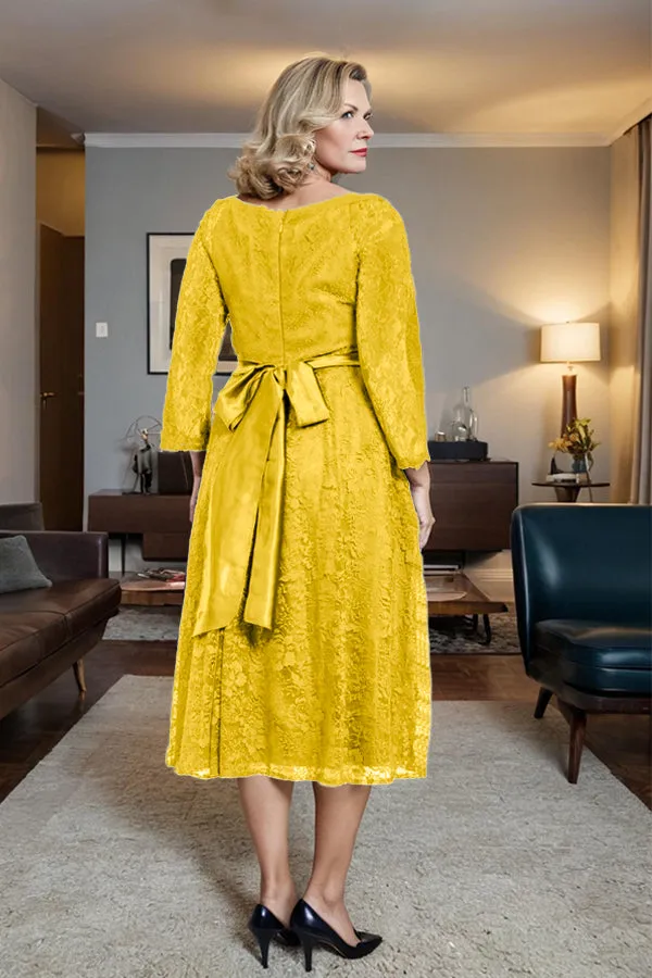 Long Sleeves Lace A Line Mother of the Bride Dress with Bow Tie