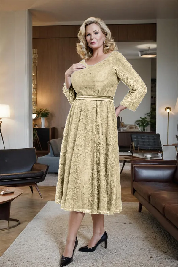 Long Sleeves Lace A Line Mother of the Bride Dress with Bow Tie