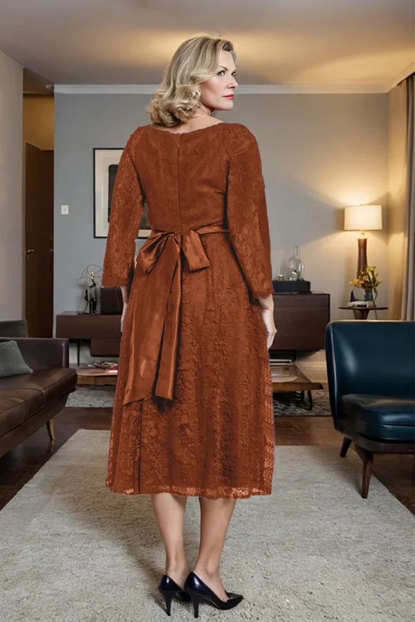Long Sleeves Lace A Line Mother of the Bride Dress with Bow Tie