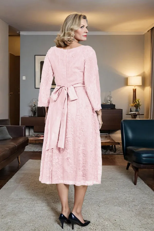 Long Sleeves Lace A Line Mother of the Bride Dress with Bow Tie