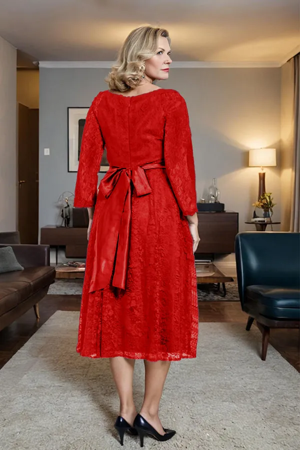 Long Sleeves Lace A Line Mother of the Bride Dress with Bow Tie