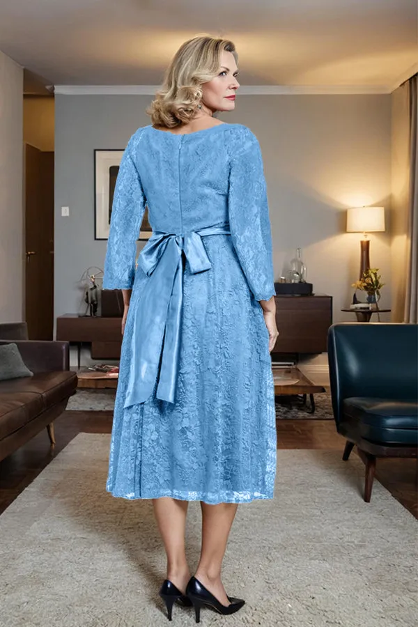 Long Sleeves Lace A Line Mother of the Bride Dress with Bow Tie