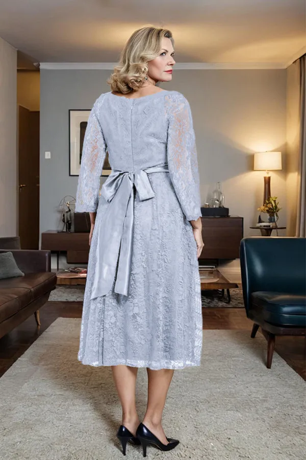 Long Sleeves Lace A Line Mother of the Bride Dress with Bow Tie