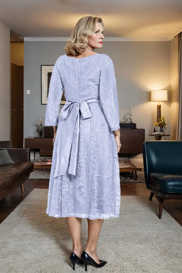 Long Sleeves Lace A Line Mother of the Bride Dress with Bow Tie