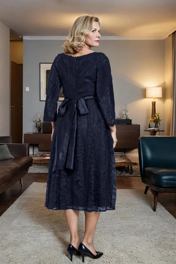 Long Sleeves Lace A Line Mother of the Bride Dress with Bow Tie