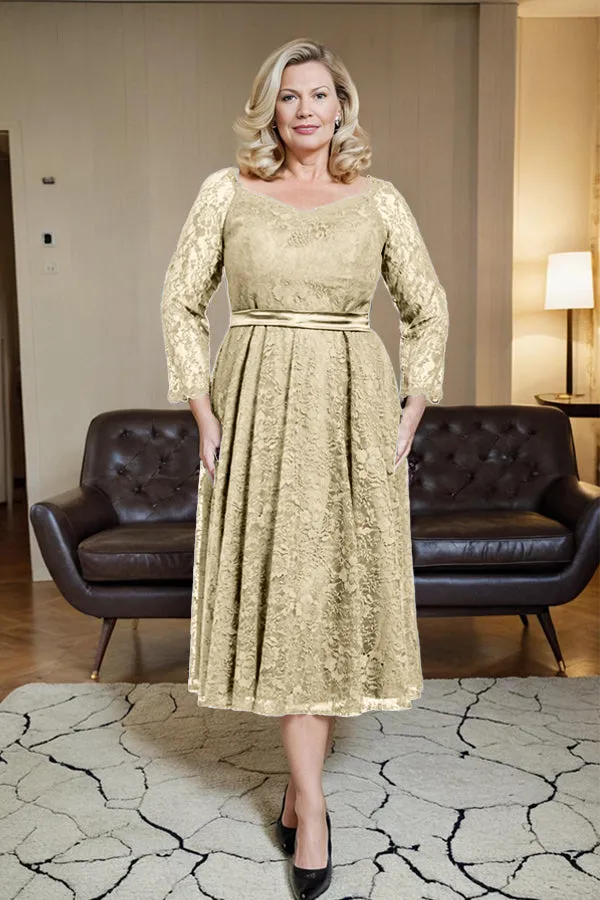 Long Sleeves Lace A Line Mother of the Bride Dress with Bow Tie