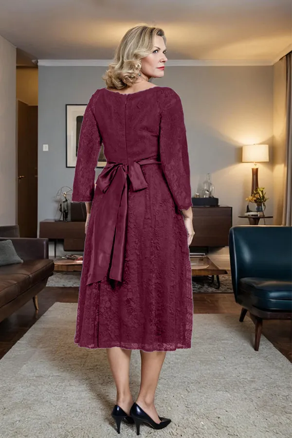 Long Sleeves Lace A Line Mother of the Bride Dress with Bow Tie