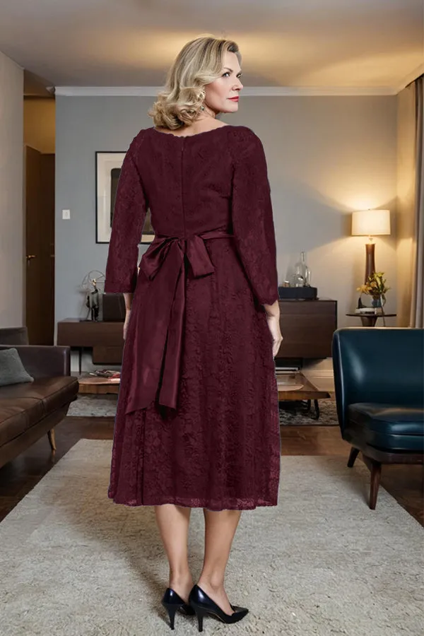 Long Sleeves Lace A Line Mother of the Bride Dress with Bow Tie