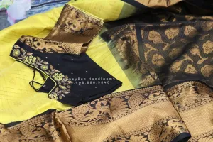 Lyte Weight Pattu Saree blouse -Pattu Blouse -Kuppadam Tissue Pattu Saree blouse -Saree Blouse -Yellow Saree Blouse -Black Blouse-Silk Saree