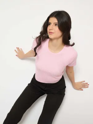 Madame Ribbed Solid Pink Knitted Crop Top