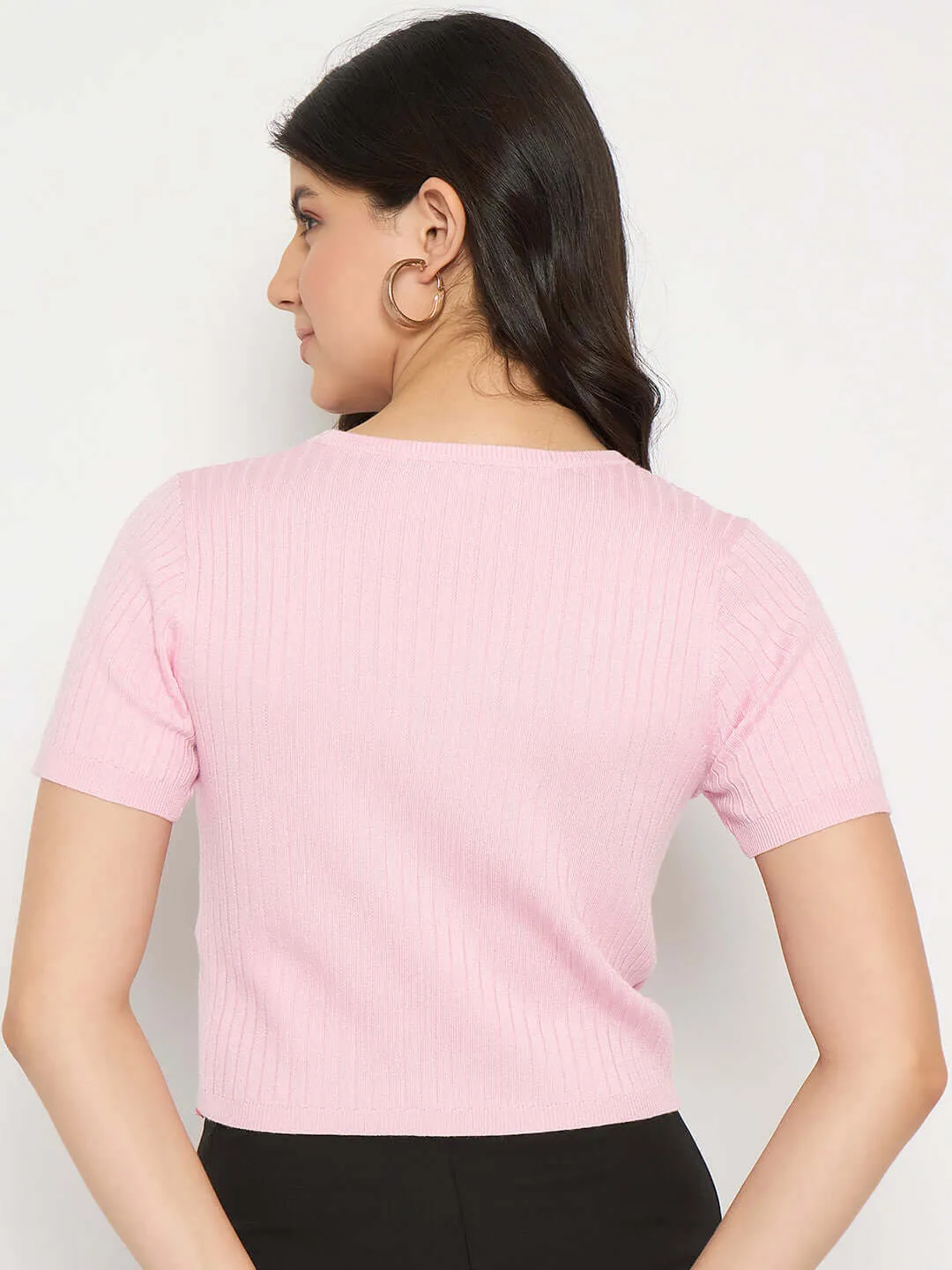 Madame Ribbed Solid Pink Knitted Crop Top