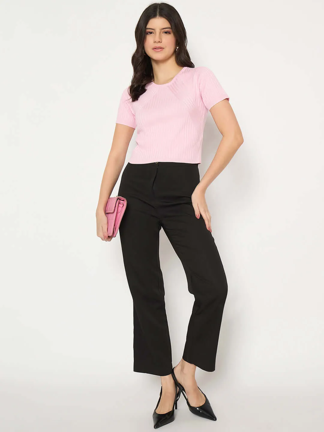 Madame Ribbed Solid Pink Knitted Crop Top