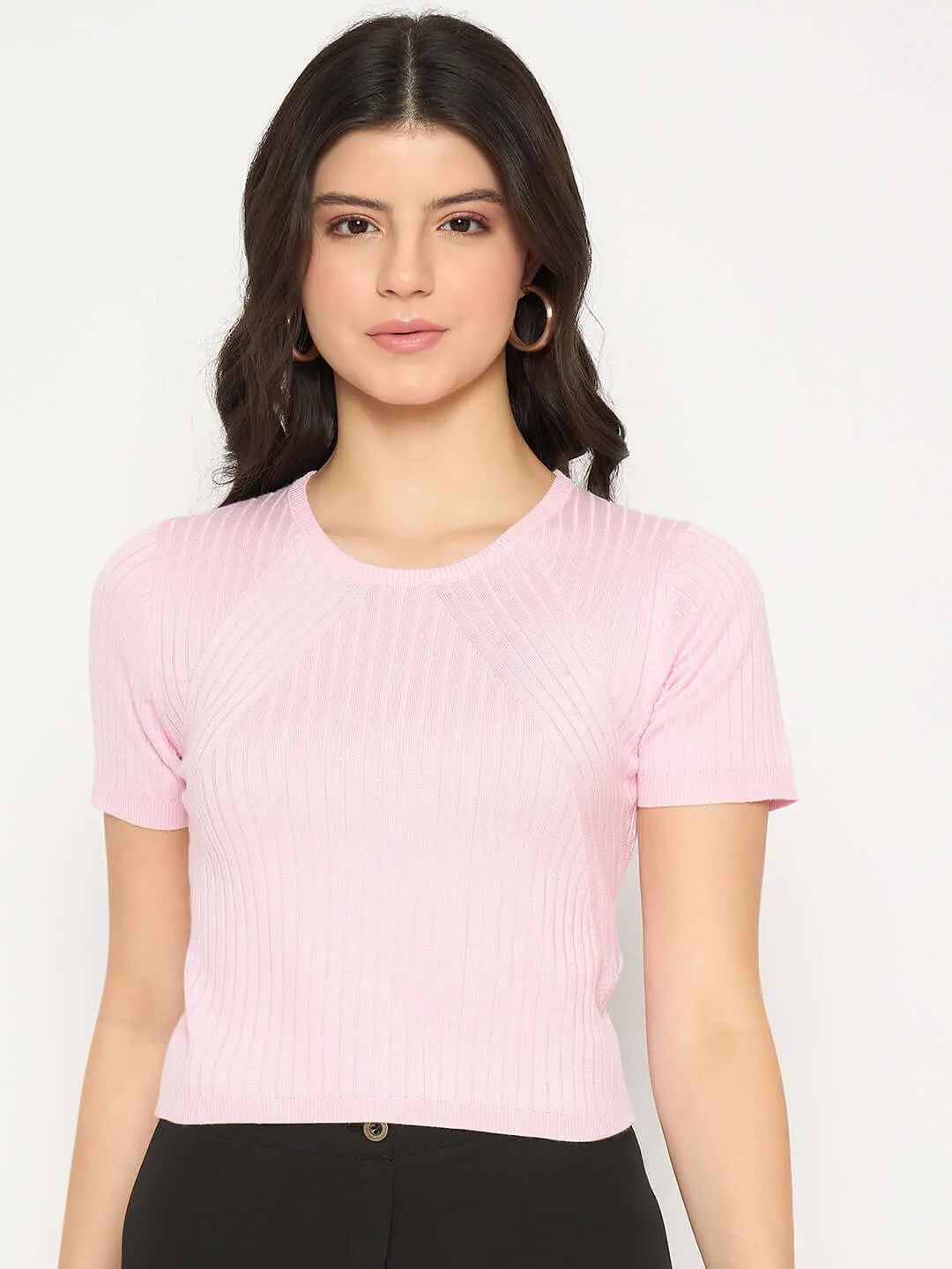Madame Ribbed Solid Pink Knitted Crop Top
