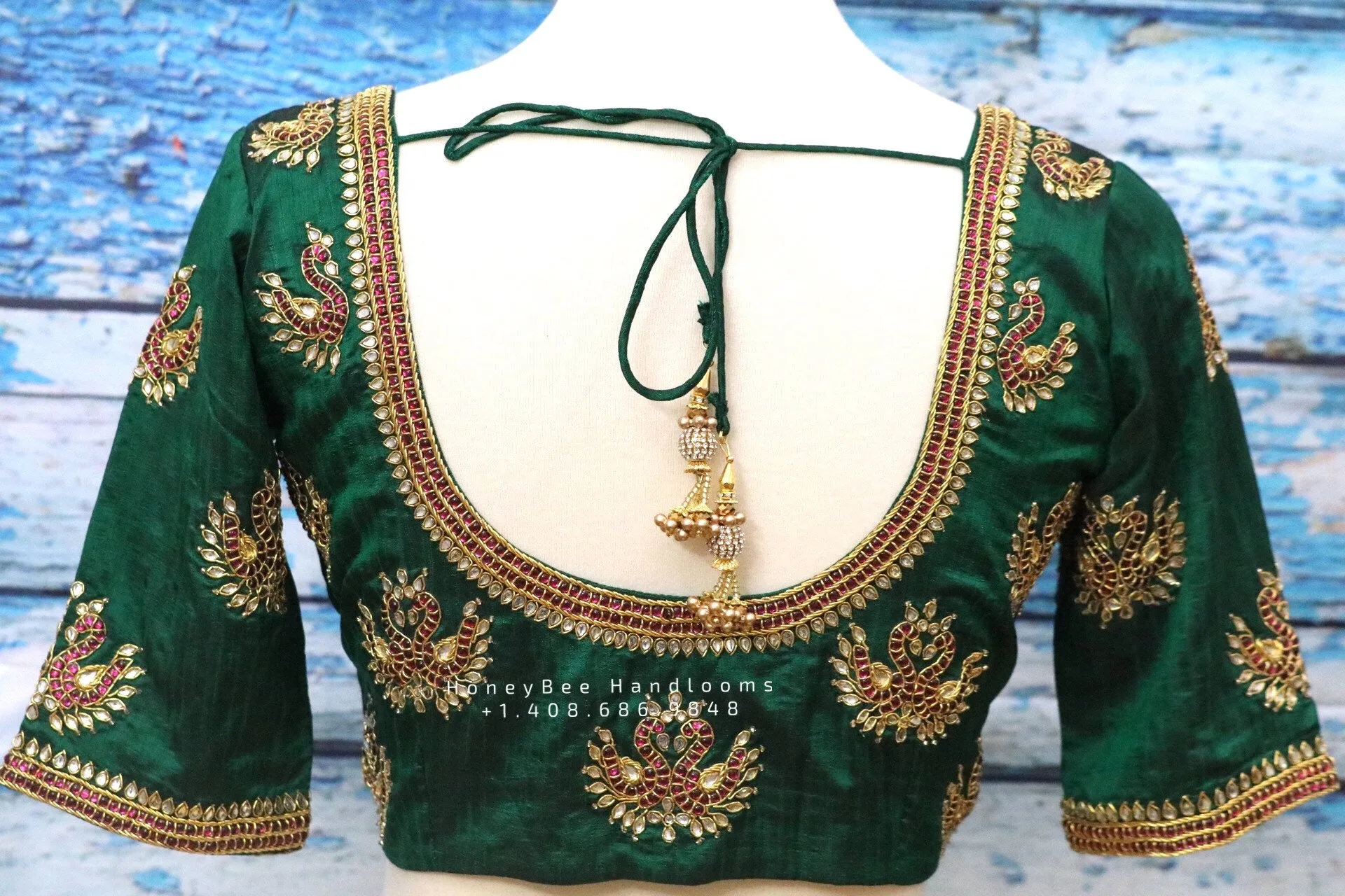 Maggam work designer blouse - Pattu Saree Blouse -kundan work blouse - handloom Saree Blouse - bottle green Saree Blouse - green  Blouse