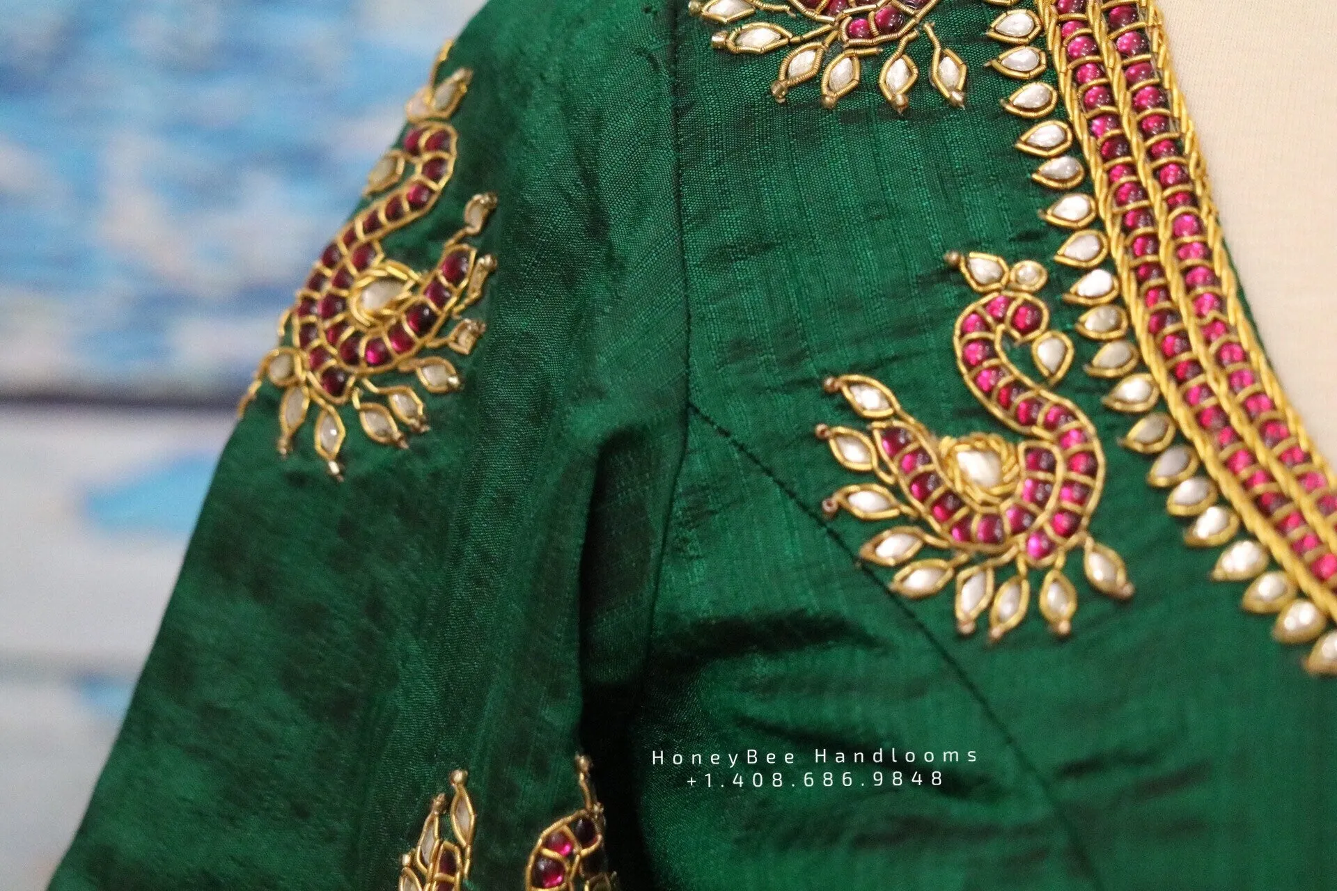 Maggam work designer blouse - Pattu Saree Blouse -kundan work blouse - handloom Saree Blouse - bottle green Saree Blouse - green  Blouse