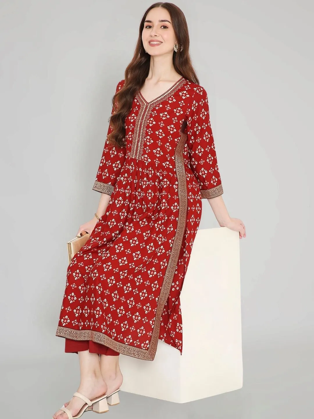 Maroon Bandhani Printed Kurta with Neck Embroidery and Brocade Lace