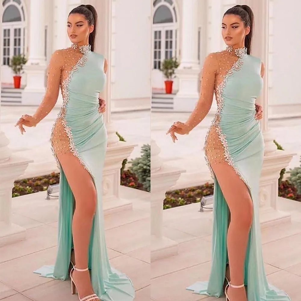 mint green beaded evening dresses long sleeve high neck mermaid sexy formal evening gown