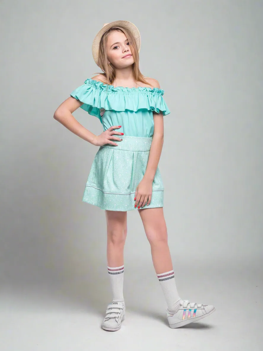 Mint Jacquard Pleated Skirt by Kids Couture