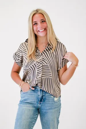 Modern Mosaic Geo Print Blouse in Mocha