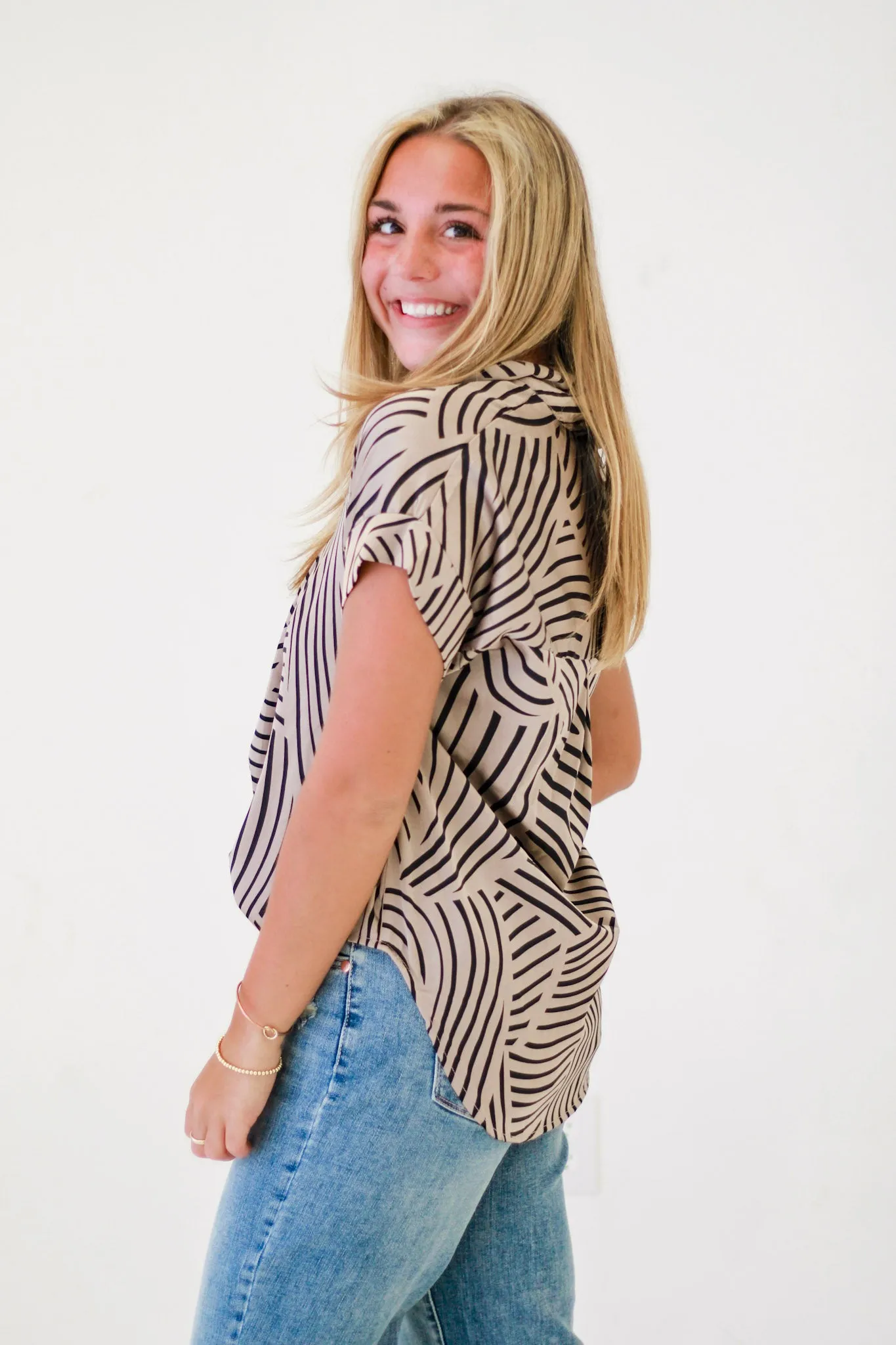 Modern Mosaic Geo Print Blouse in Mocha