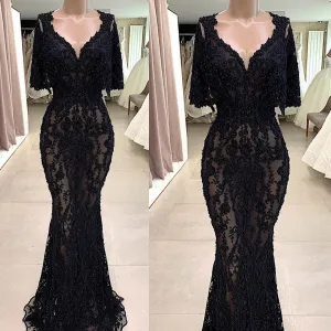 mother of the bride dresses black lace applique evening dresses modest mermaid beaded evening gown