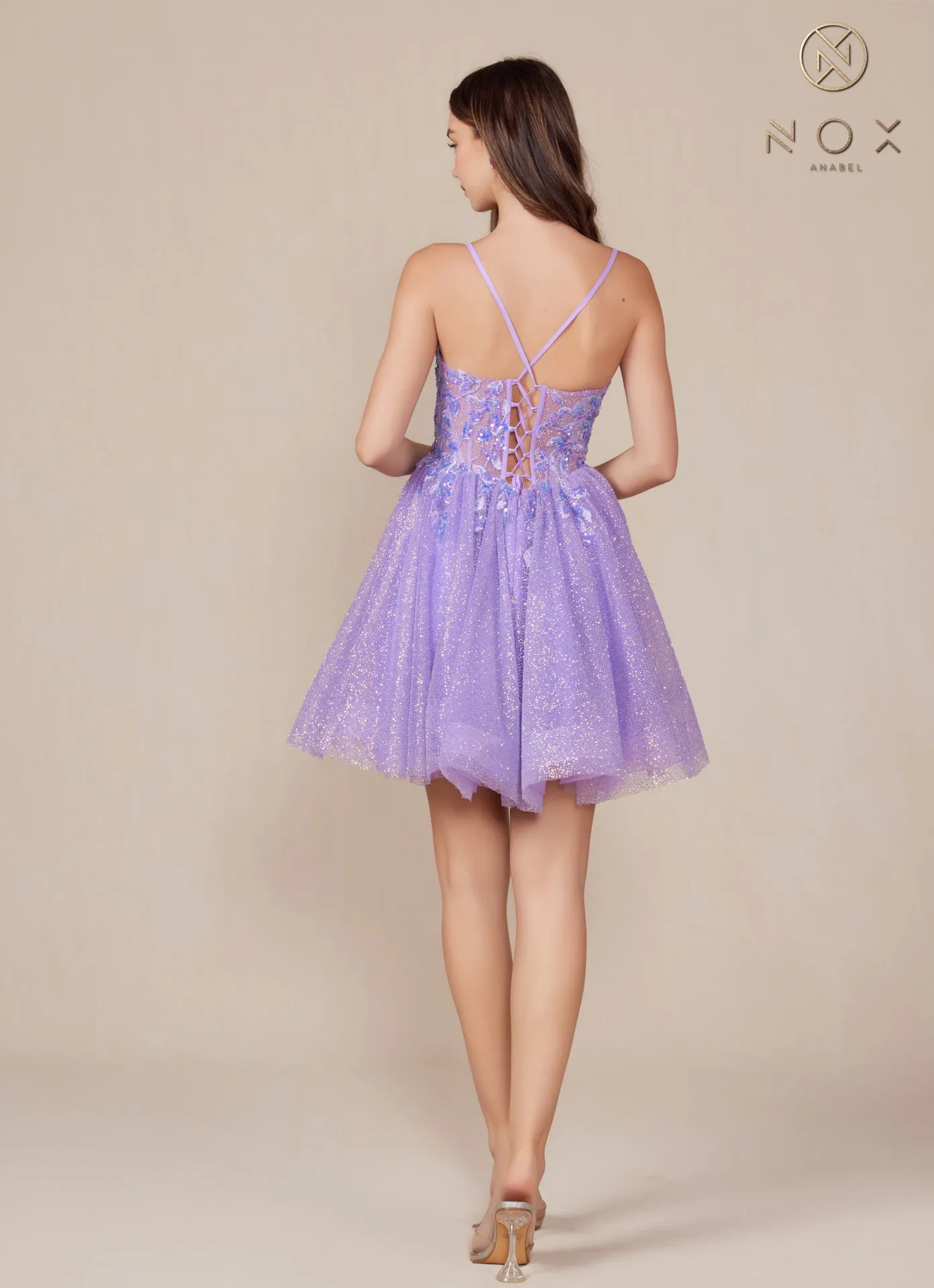N E901 - Short Shimmering Tulle A-Line Homecoming Dress with Sheer Beaded Lace Embellished V-Neck Bodice & Open Lace Up Back