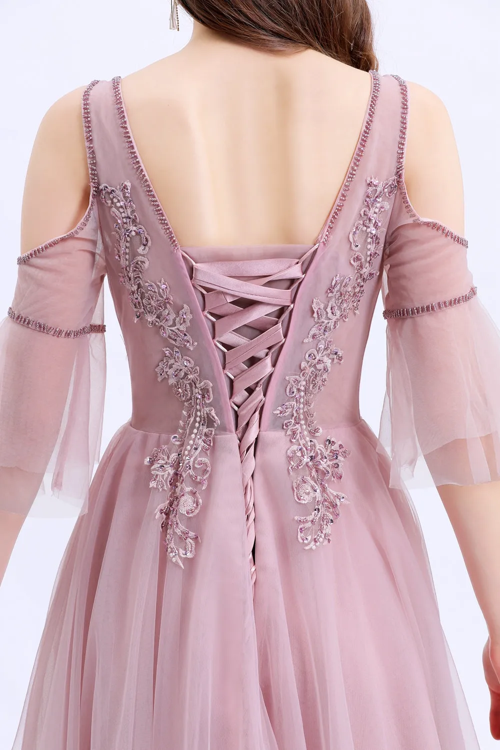 New Formal Dresses Women Elegant Banquet Sweet Pink Lace Appliques Beading Formal Evening Gowns Vestido De Noche