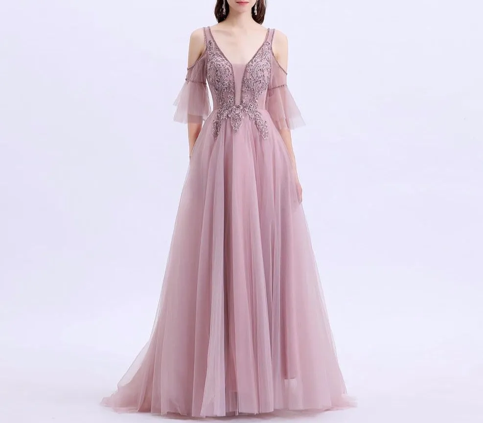 New Formal Dresses Women Elegant Banquet Sweet Pink Lace Appliques Beading Formal Evening Gowns Vestido De Noche