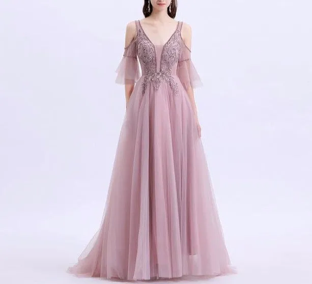 New Formal Dresses Women Elegant Banquet Sweet Pink Lace Appliques Beading Formal Evening Gowns Vestido De Noche