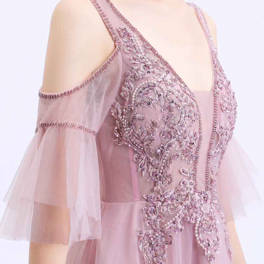 New Formal Dresses Women Elegant Banquet Sweet Pink Lace Appliques Beading Formal Evening Gowns Vestido De Noche