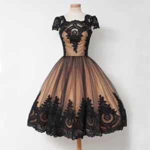 Newest Cap Sleeve Black Lace Homecoming Dress, Tulle A-Line Backless Homecoming Dress, D1319