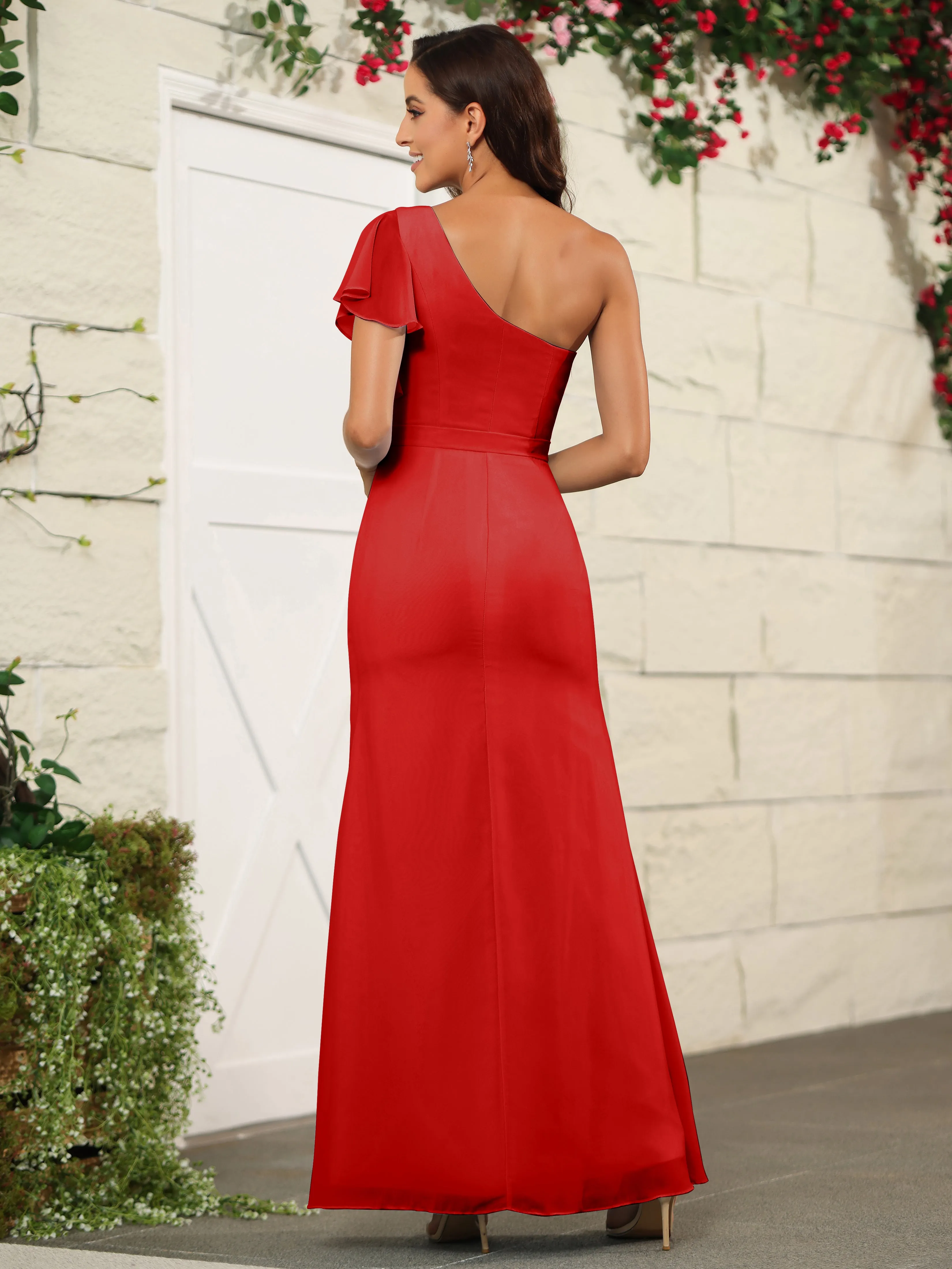 One Shoulder Chiffon Long Bridesmaid Dress with Slit