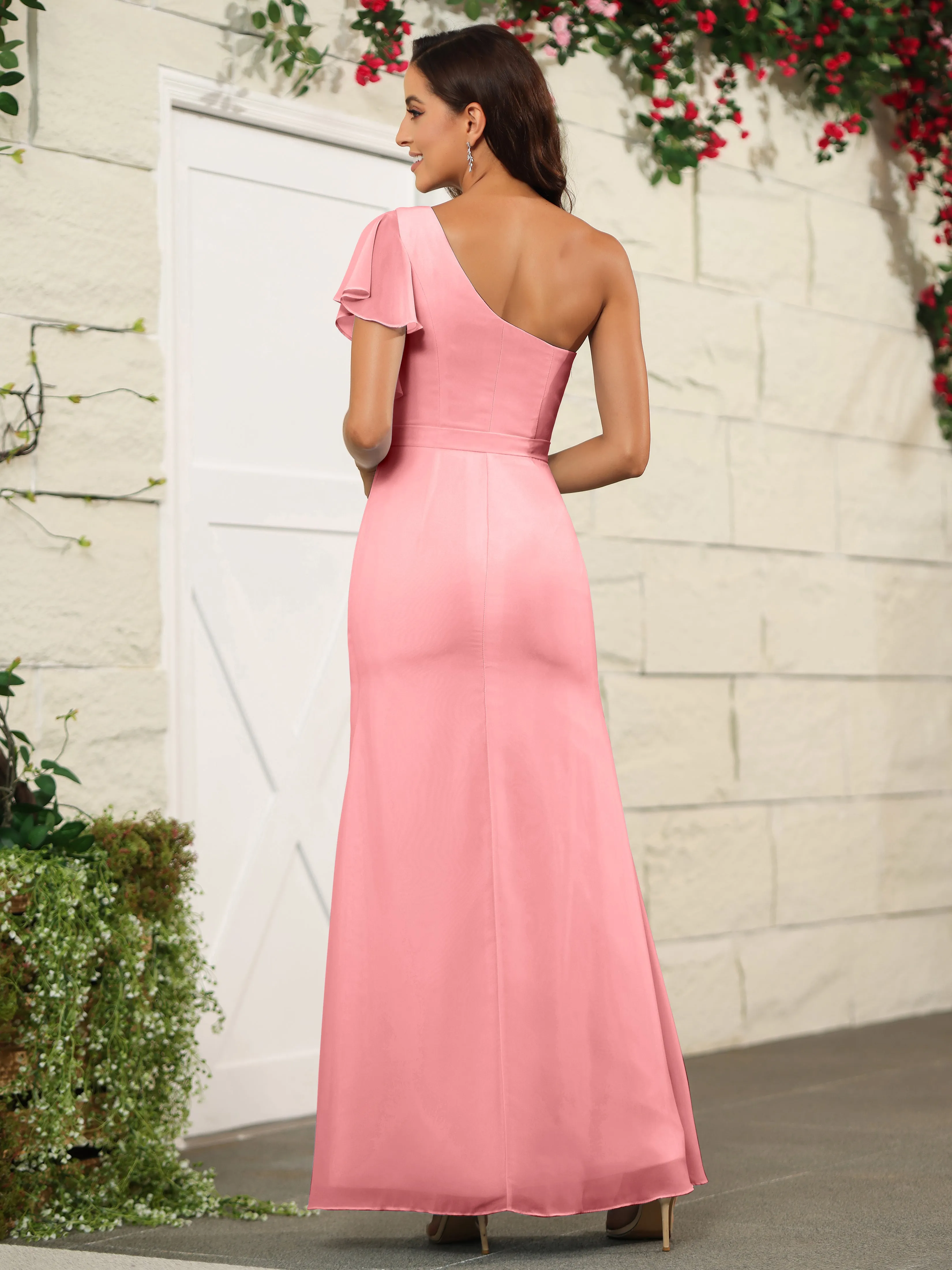 One Shoulder Chiffon Long Bridesmaid Dress with Slit