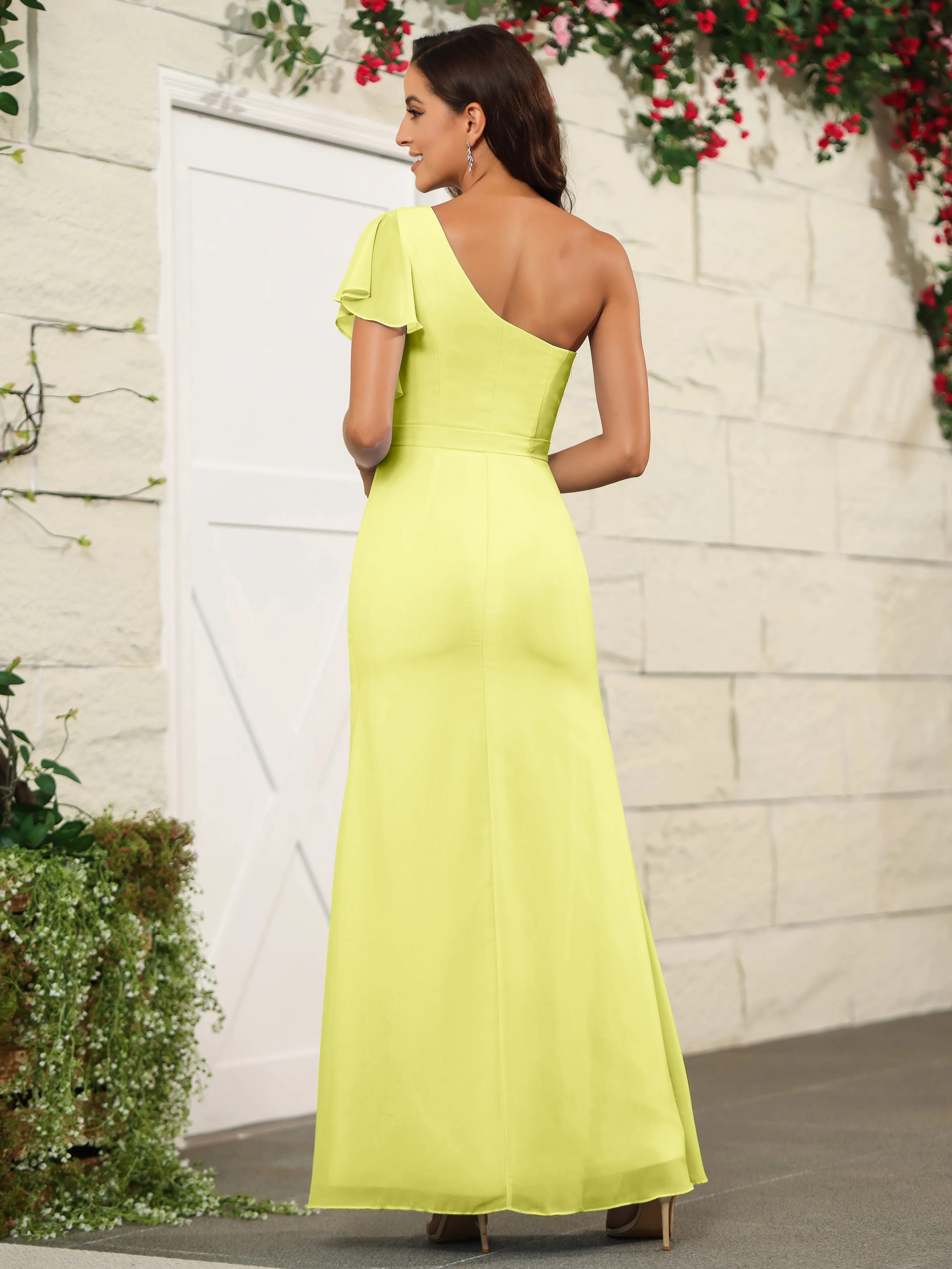 One Shoulder Chiffon Long Bridesmaid Dress with Slit