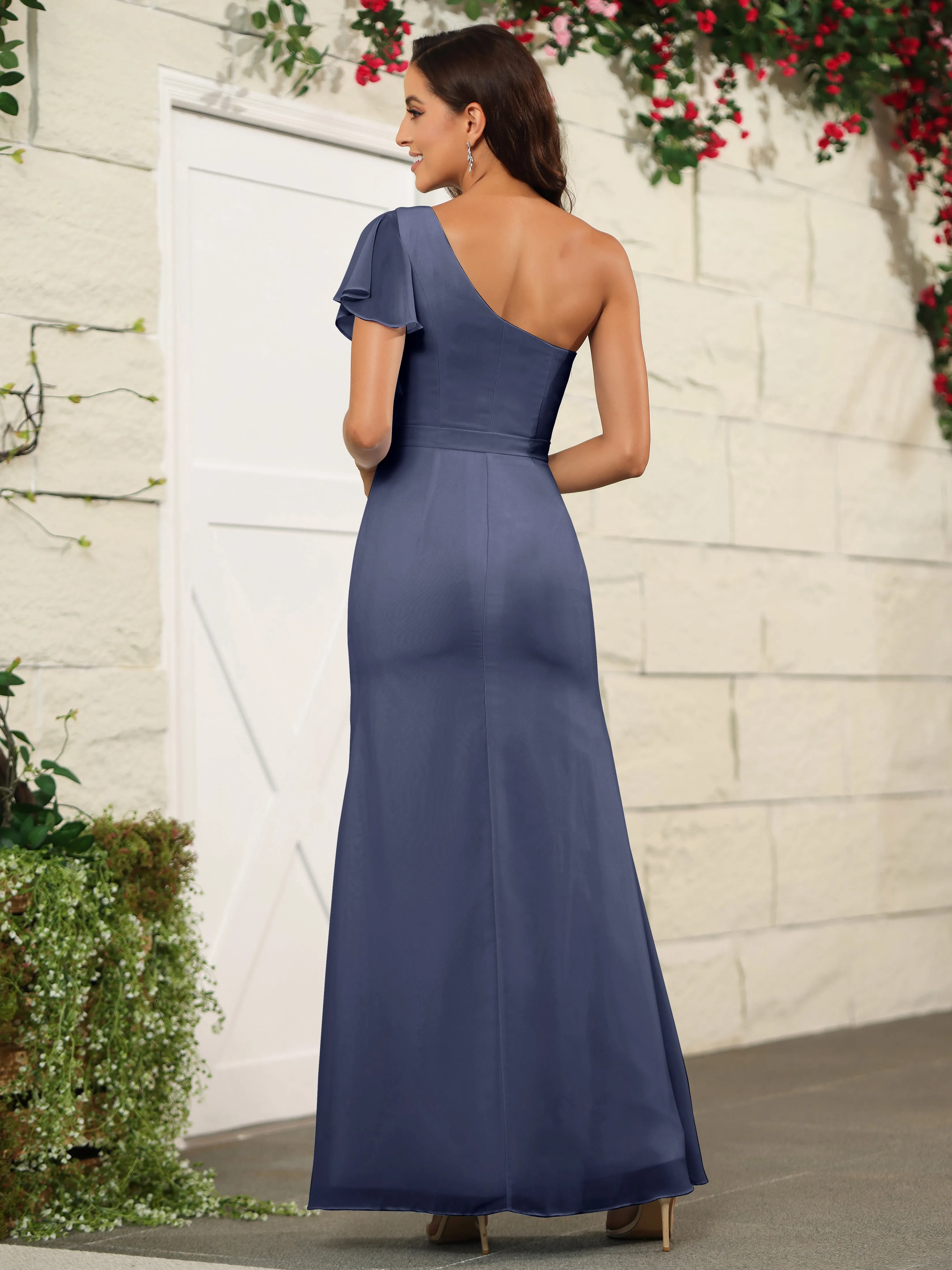One Shoulder Chiffon Long Bridesmaid Dress with Slit
