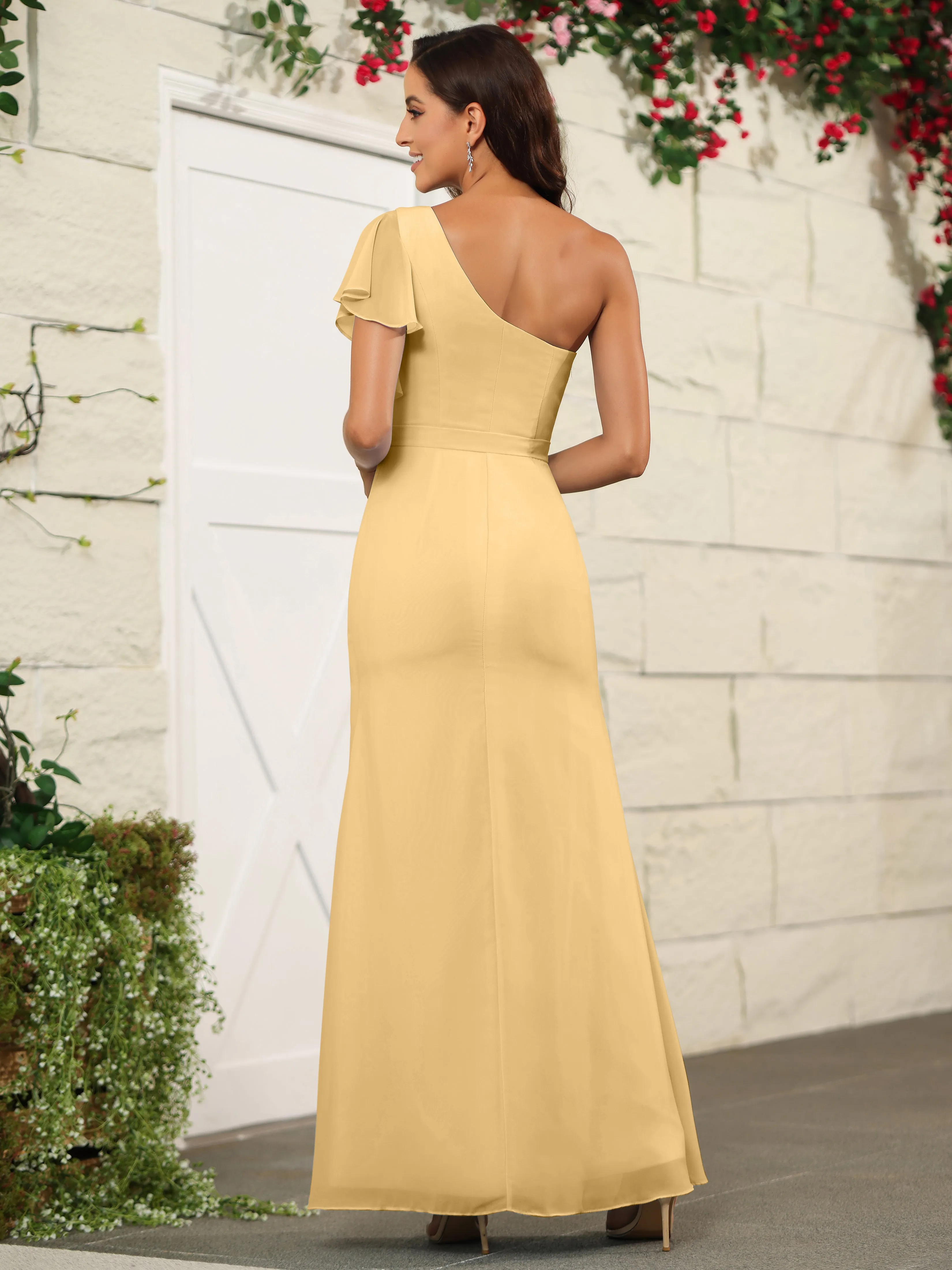 One Shoulder Chiffon Long Bridesmaid Dress with Slit