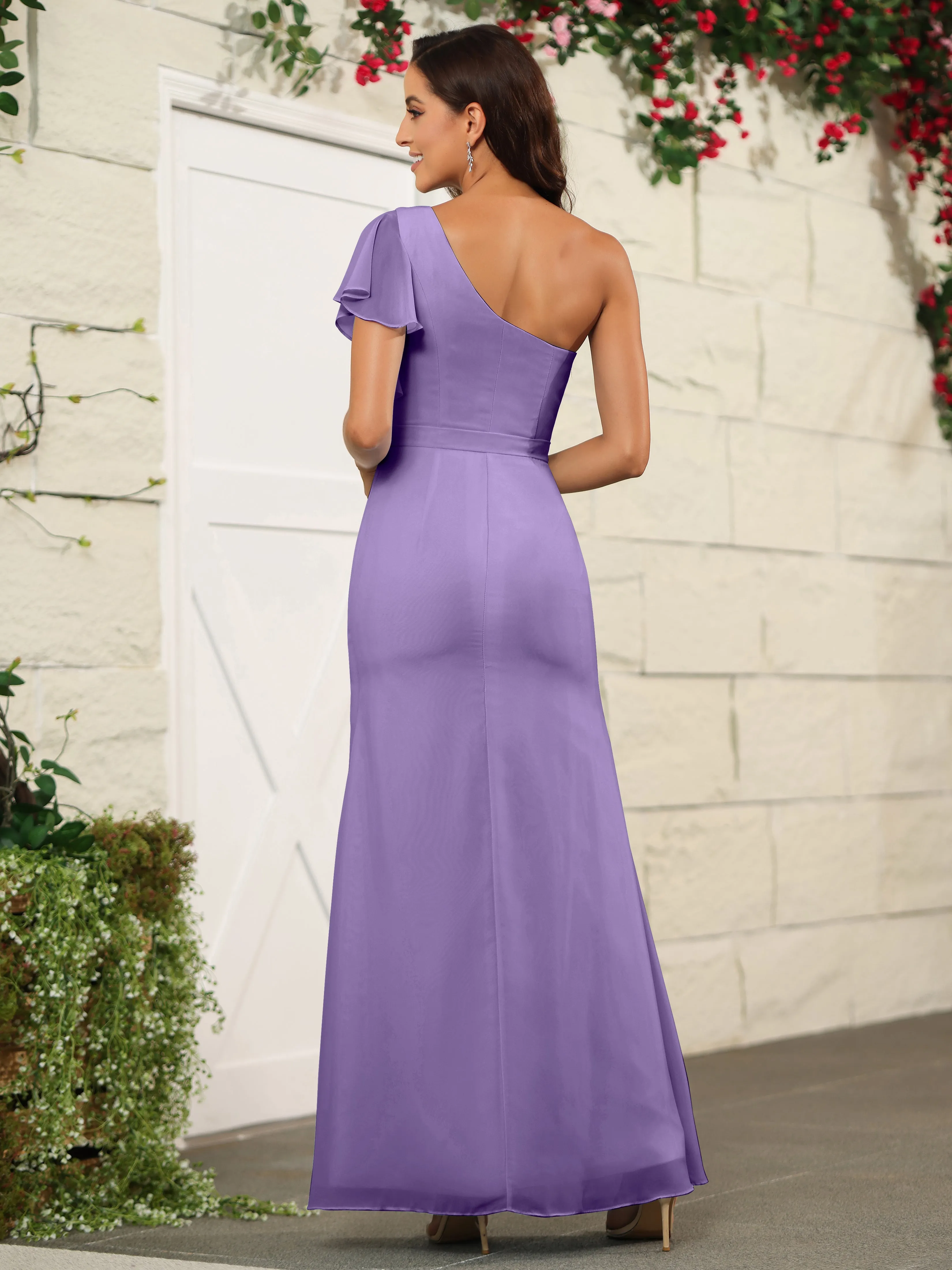 One Shoulder Chiffon Long Bridesmaid Dress with Slit