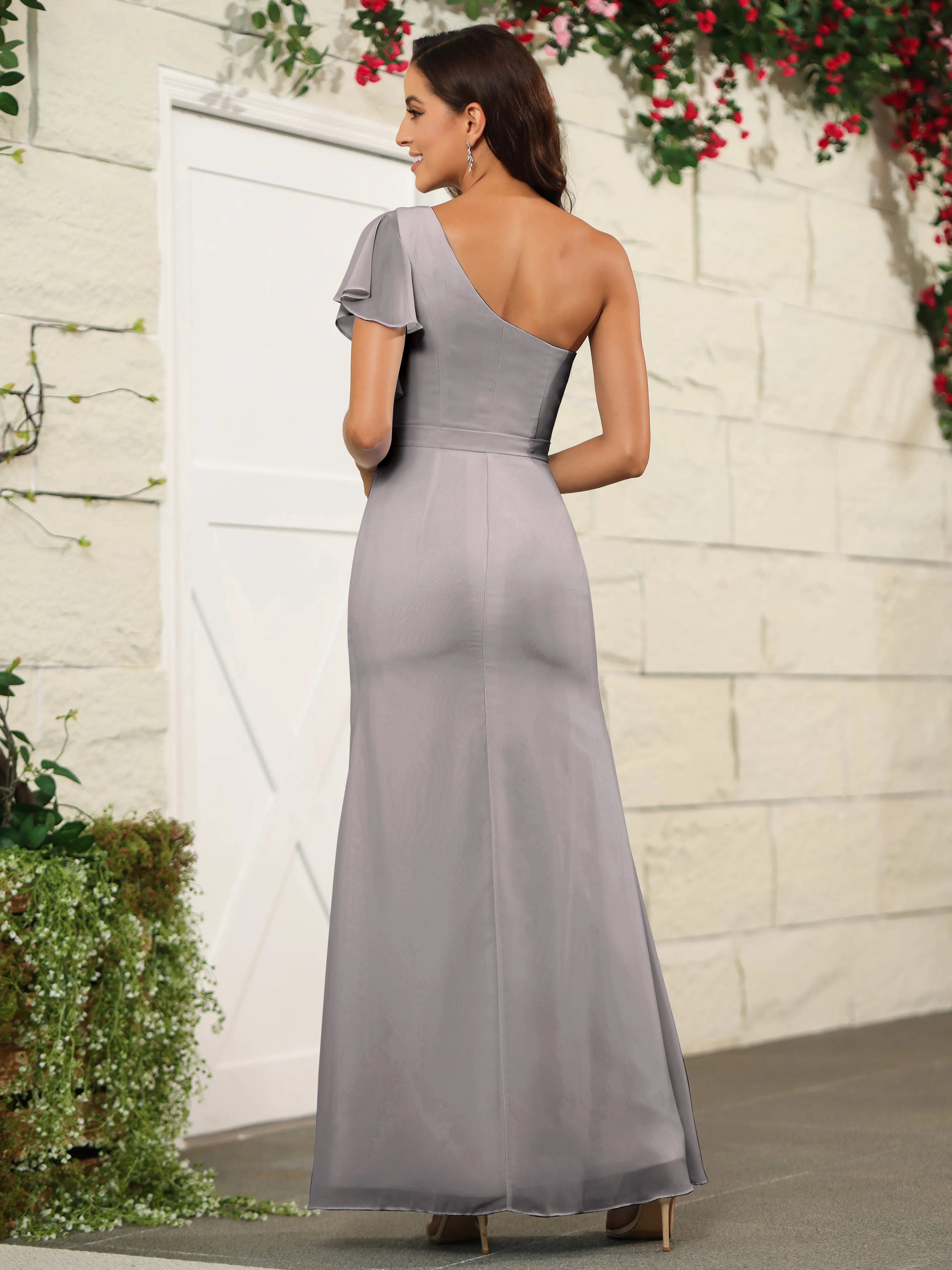 One Shoulder Chiffon Long Bridesmaid Dress with Slit