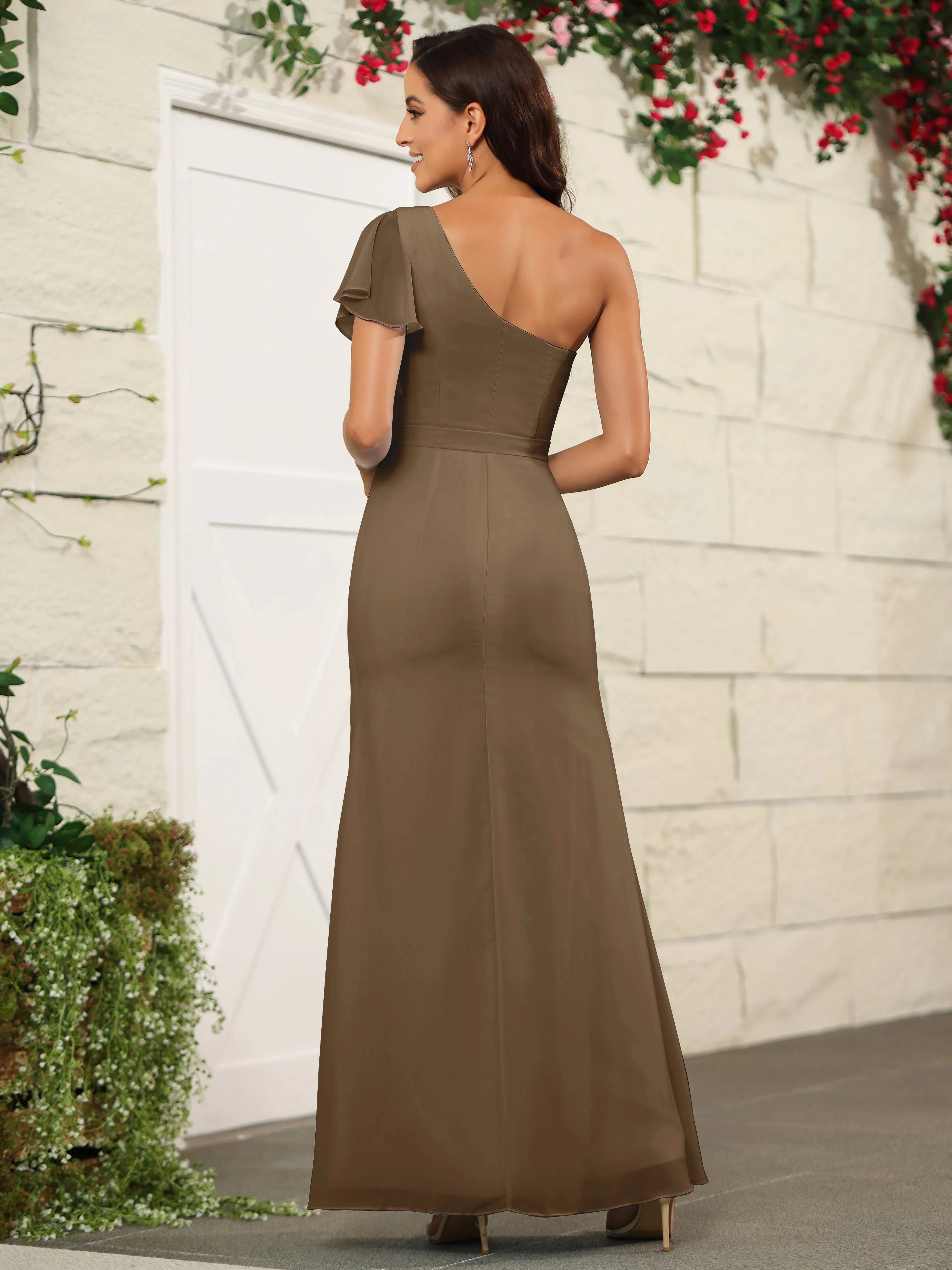 One Shoulder Chiffon Long Bridesmaid Dress with Slit