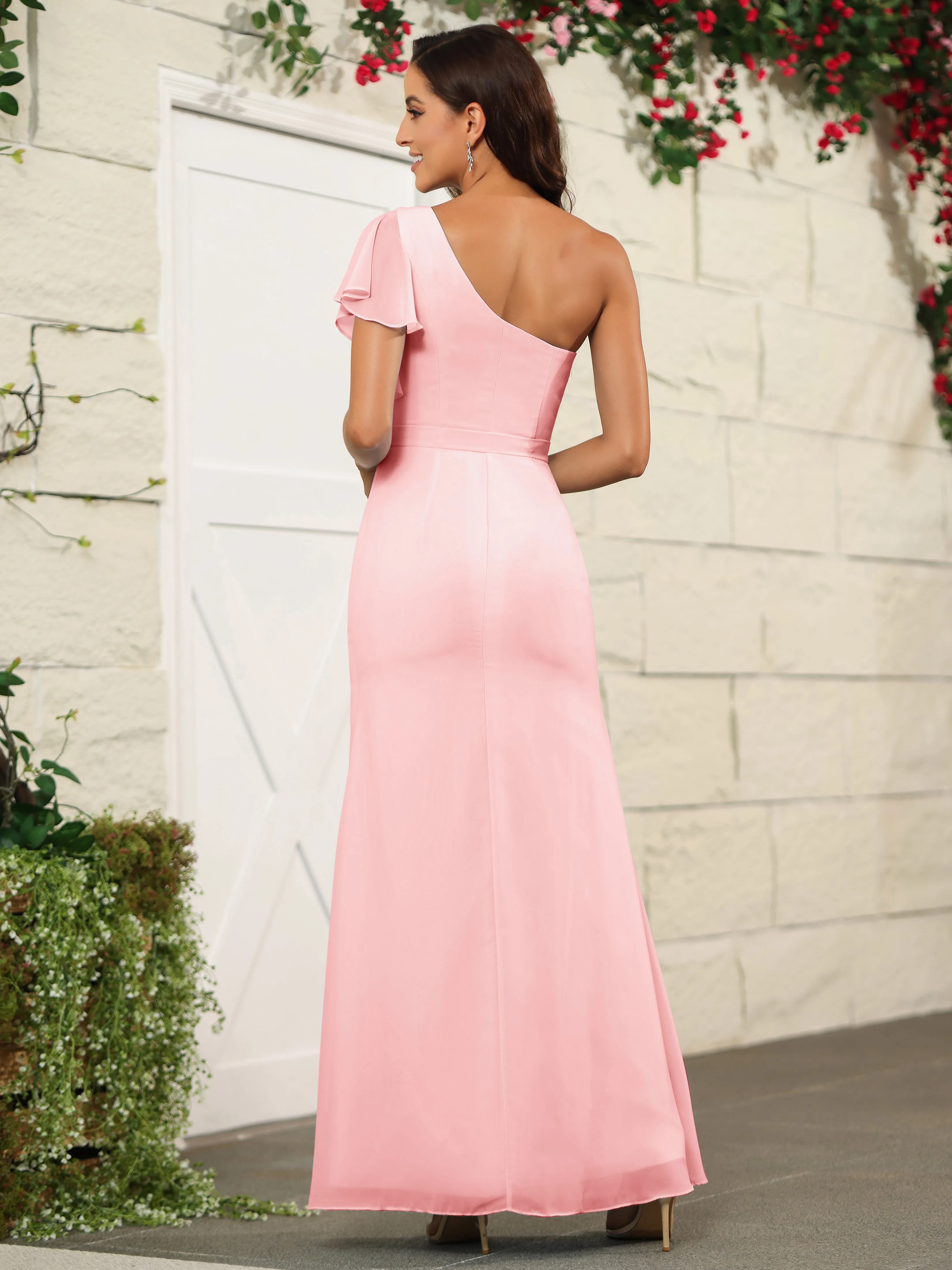 One Shoulder Chiffon Long Bridesmaid Dress with Slit