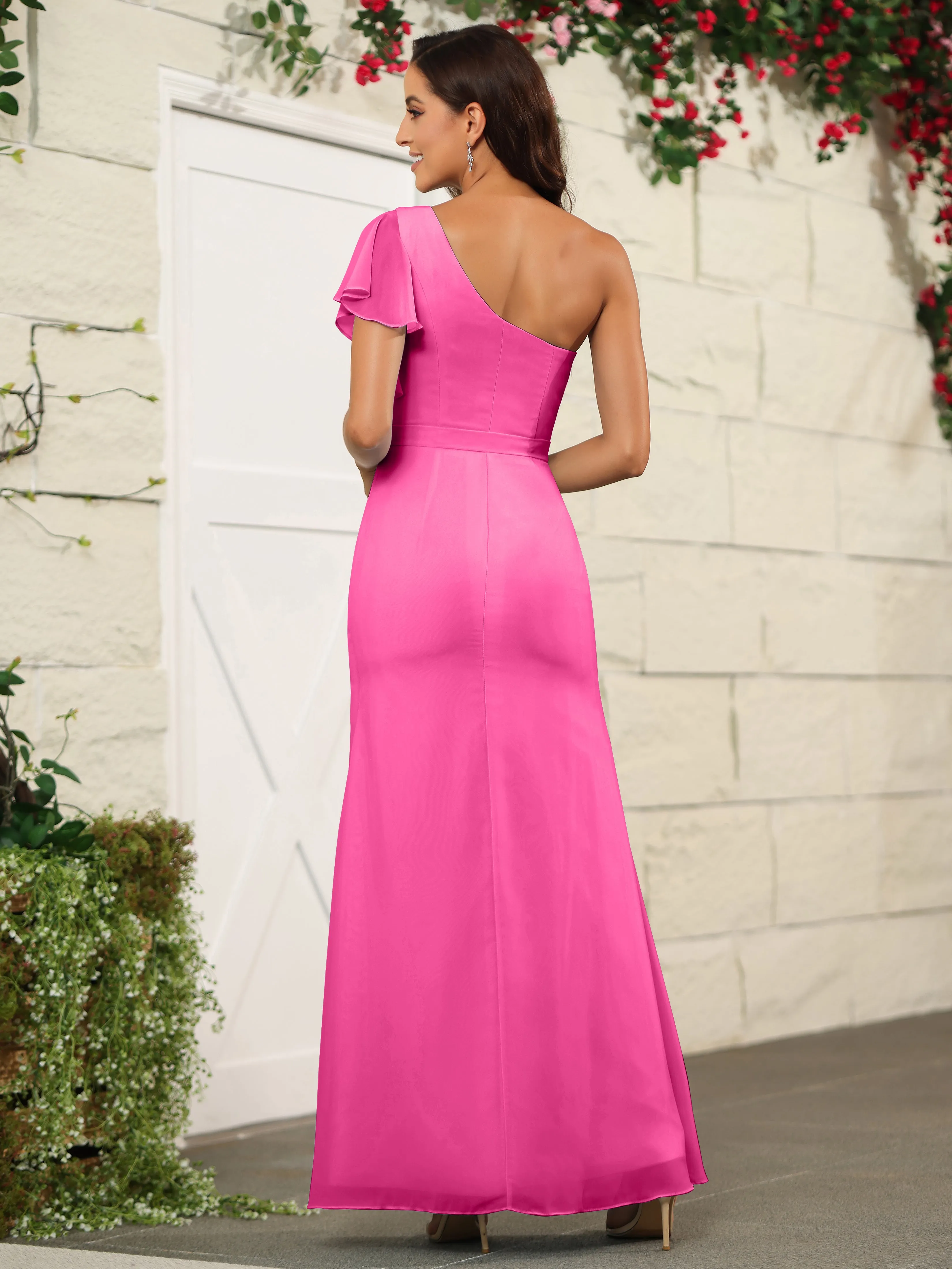 One Shoulder Chiffon Long Bridesmaid Dress with Slit