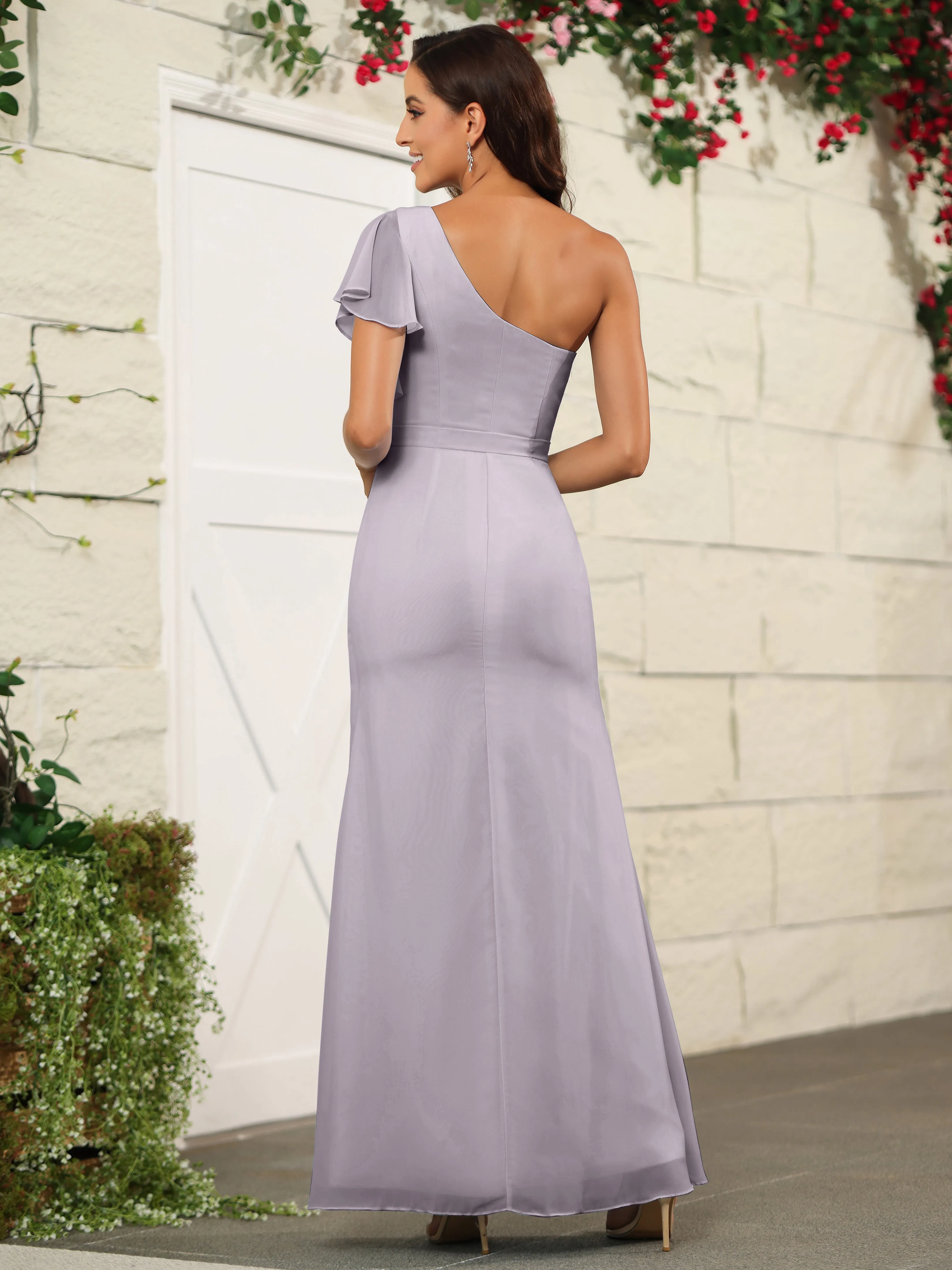 One Shoulder Chiffon Long Bridesmaid Dress with Slit