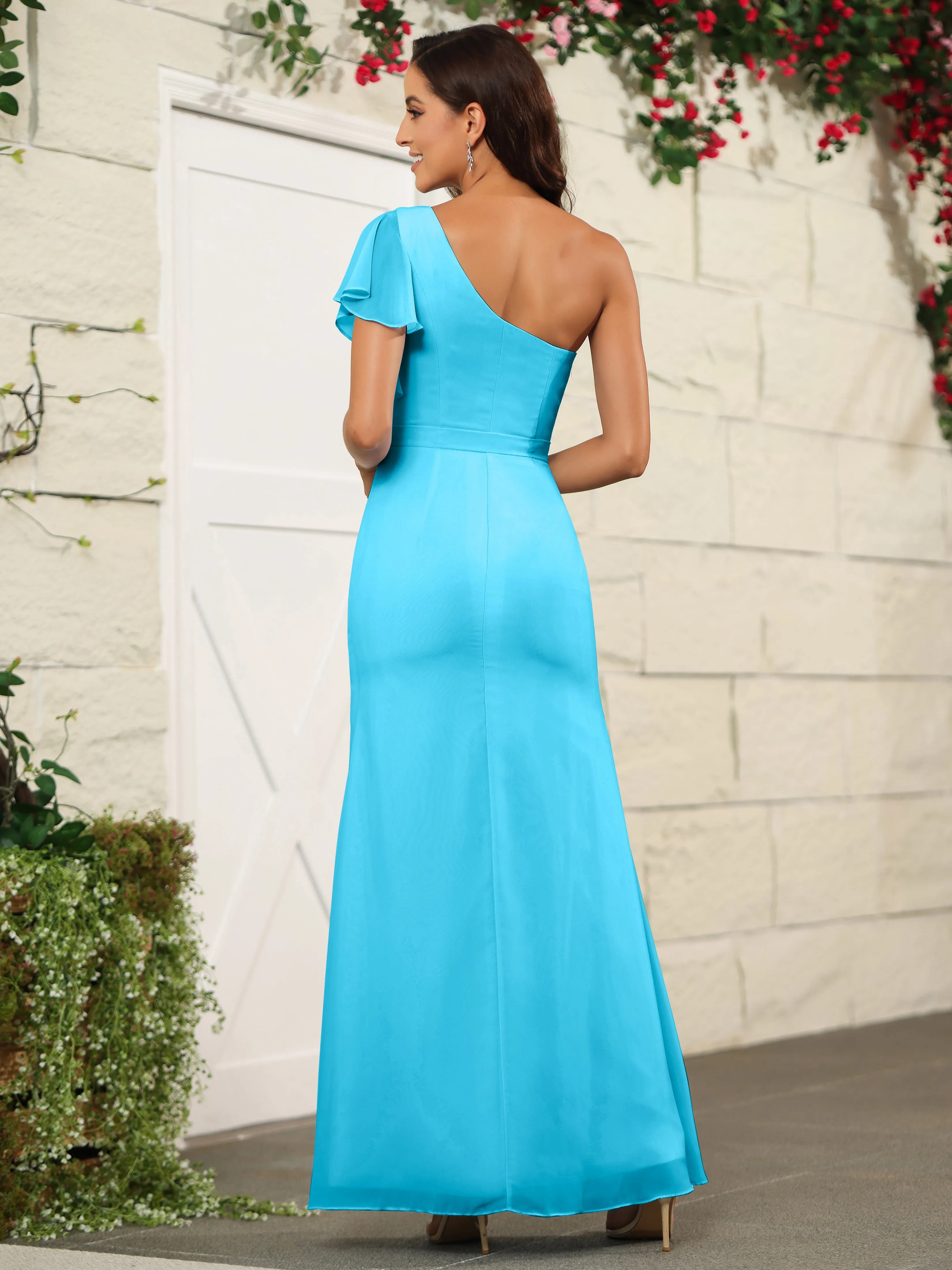 One Shoulder Chiffon Long Bridesmaid Dress with Slit