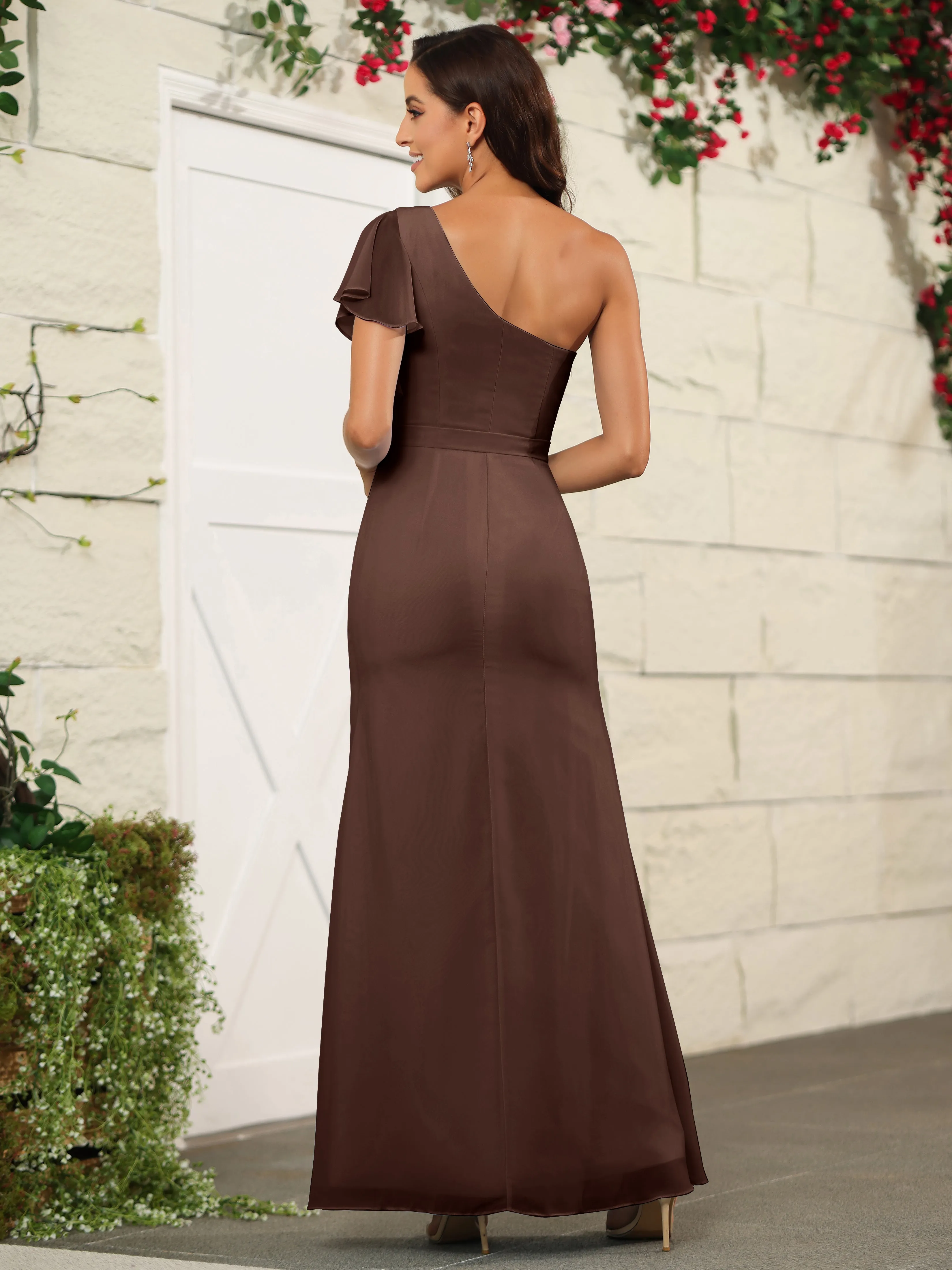 One Shoulder Chiffon Long Bridesmaid Dress with Slit
