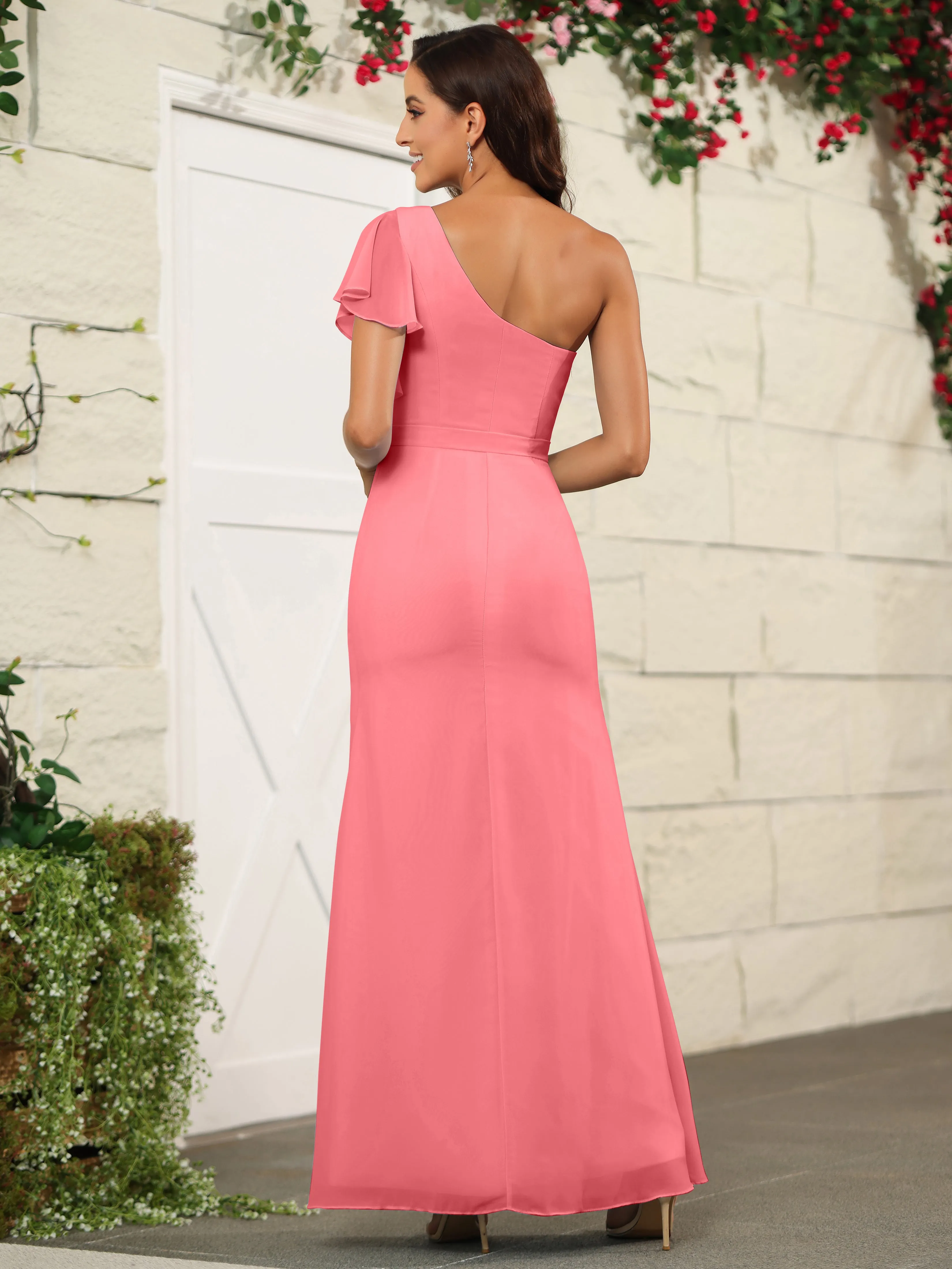 One Shoulder Chiffon Long Bridesmaid Dress with Slit