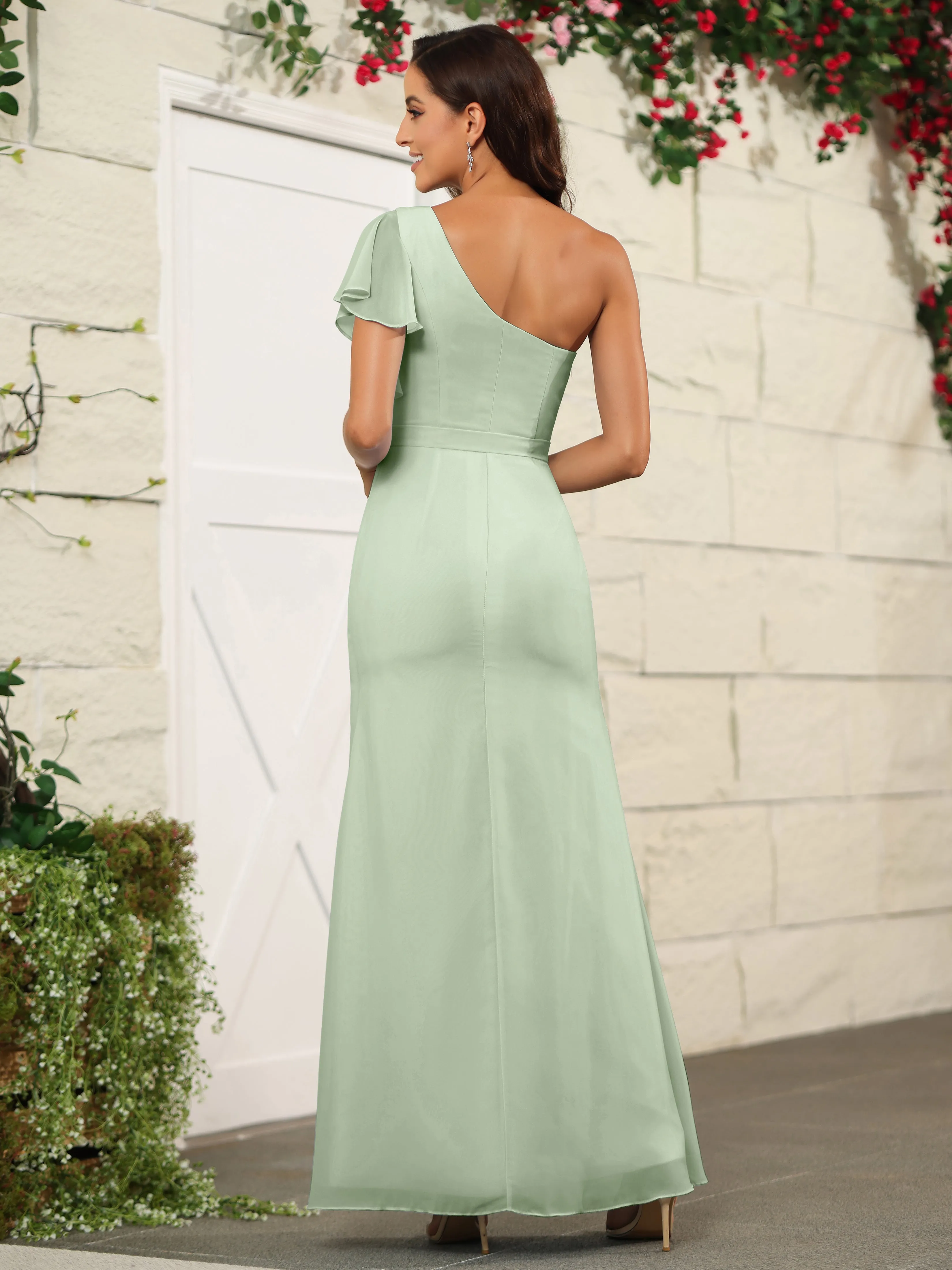 One Shoulder Chiffon Long Bridesmaid Dress with Slit
