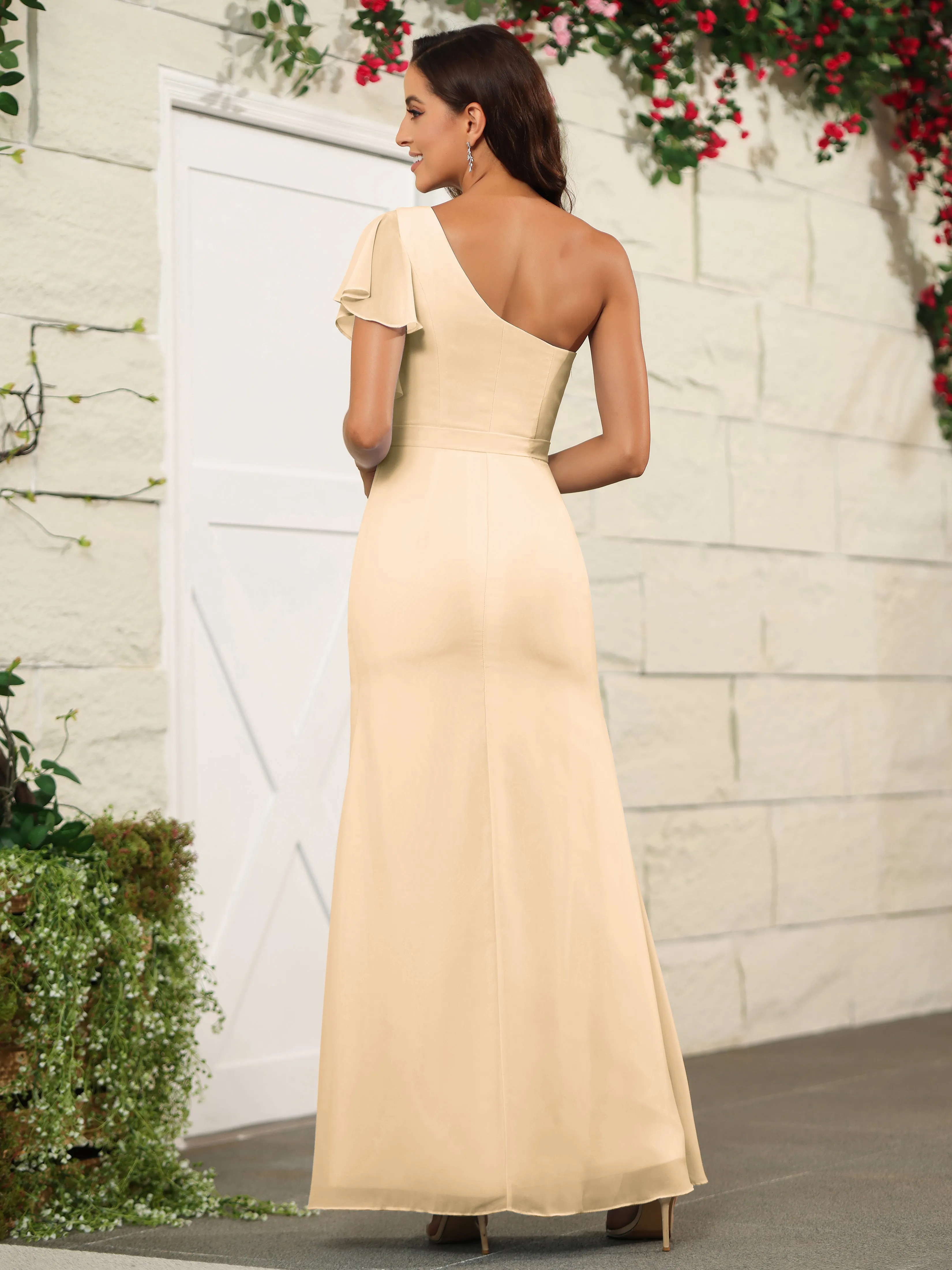 One Shoulder Chiffon Long Bridesmaid Dress with Slit